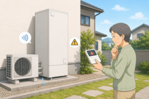 エコキュートの故障前兆として水漏れ・異音・エラー表示を確認するイメージ