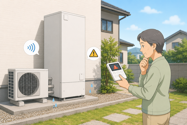 エコキュートの故障前兆として水漏れ・異音・エラー表示を確認するイメージ