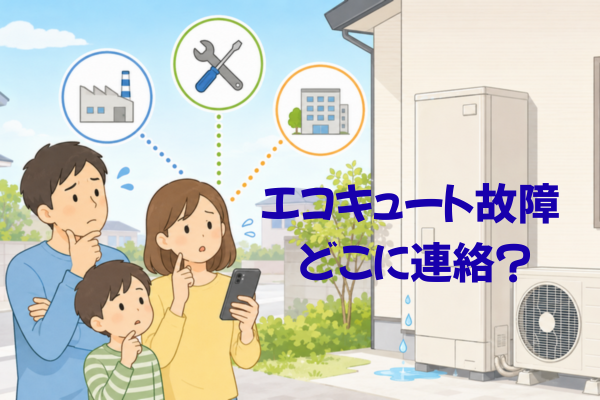 エコキュート故障時にどこへ連絡すべきか迷う家族のイメージ画像