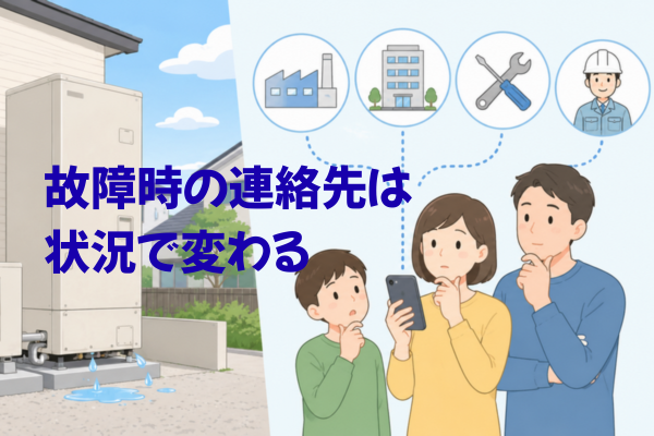 エコキュート故障時の連絡先を判断する家族の図解イメージ