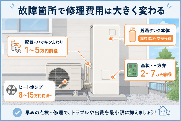 エコキュート修理費用の目安を故障箇所別に示した図