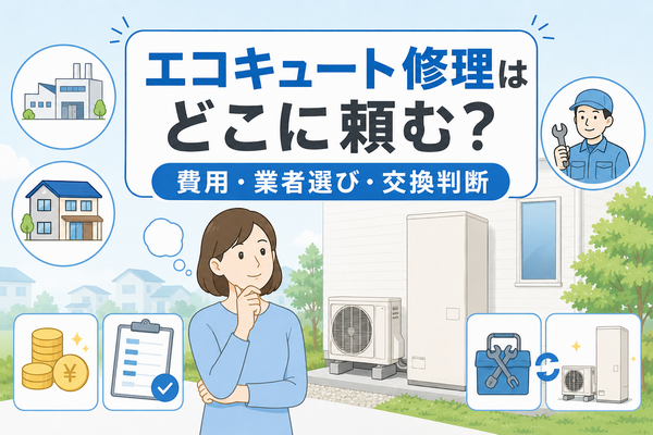 エコキュート修理をどこに頼むか、費用や交換判断を確認するイラスト